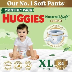 huggies natural soft premium baby diaper pants, our no.1 soft pants, extra large (xl) size (12 17 kgs), monthly pack of 84 diapers | cloud softness all over with india's 1st cloud touch belt